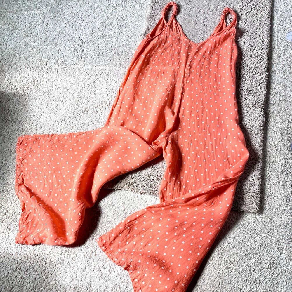 martina innocenti Italian Linen Orange Coral Polka Dot Wide Leg Jumpsuit Large